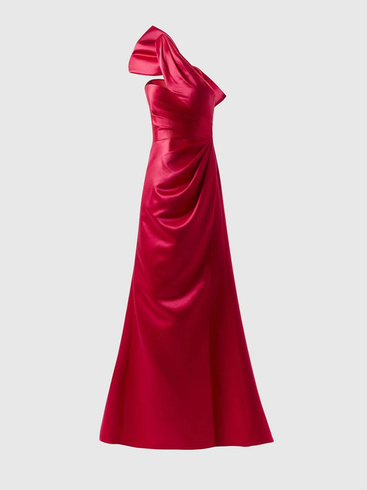 Red One-Shoulder Bow Satin Maxi Dress Flowy A-line cocktail dress with asymmetrical neckline and bow at the back in duchesse Bridesmaid Dresses by YiHuiw