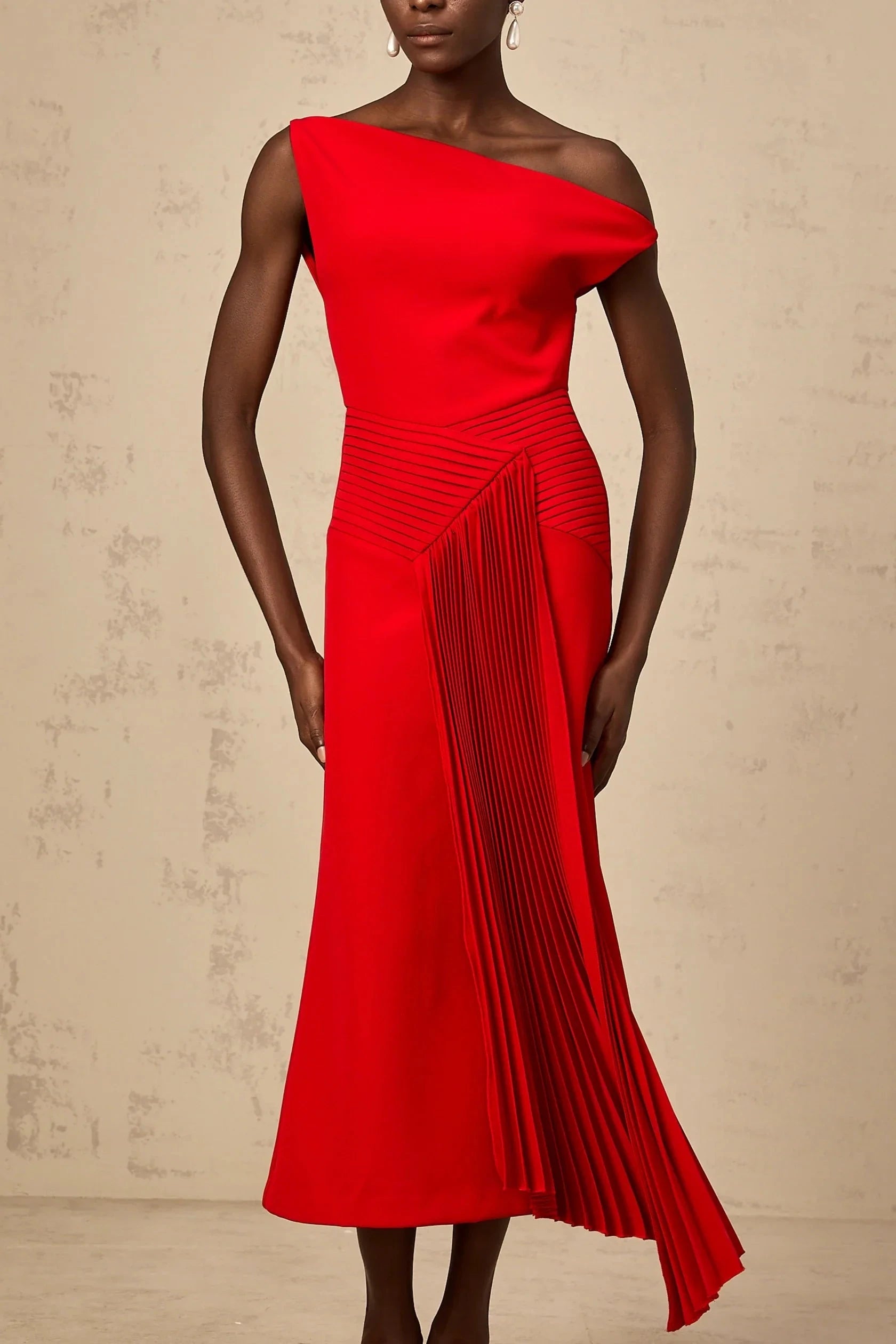 Red One - Shoulder Pleated Midi Dress asymmetrical draped midi dress in Red Evening Dress by YiHuiw