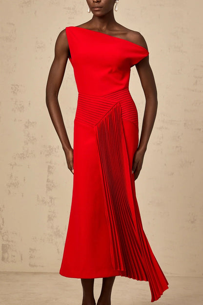 Red One - Shoulder Pleated Midi Dress asymmetrical draped midi dress in Red Evening Dress by YiHuiw