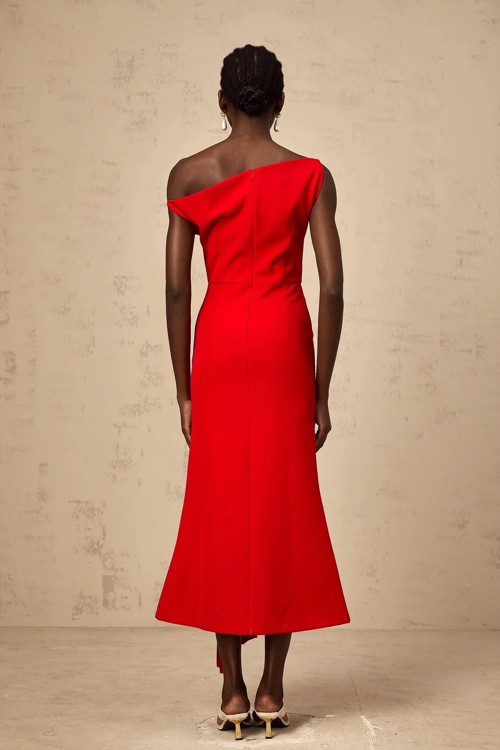 Red One - Shoulder Pleated Midi Dress asymmetrical draped midi dress in Red Evening Dress by YiHuiw