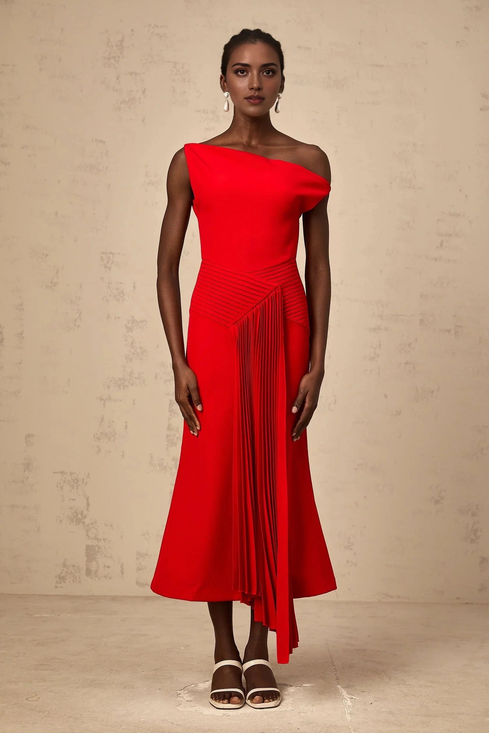 Red One - Shoulder Pleated Midi Dress asymmetrical draped midi dress in Red Evening Dress by YiHuiw