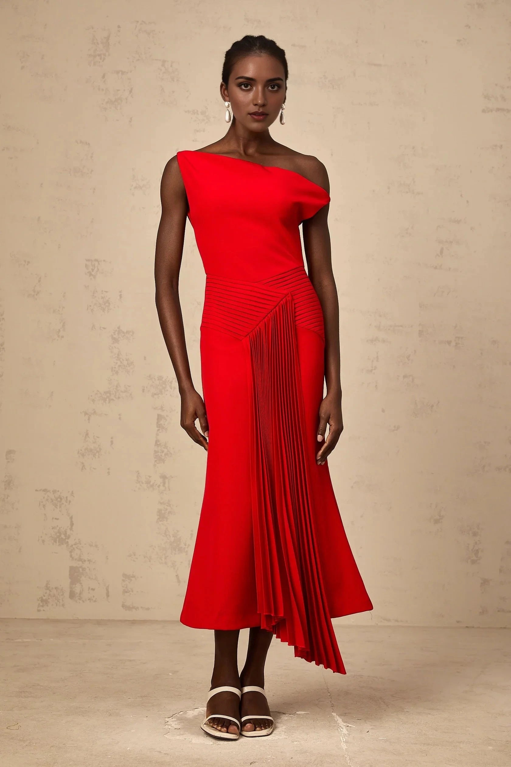 Red One - Shoulder Pleated Midi Dress asymmetrical draped midi dress in Red Evening Dress by YiHuiw