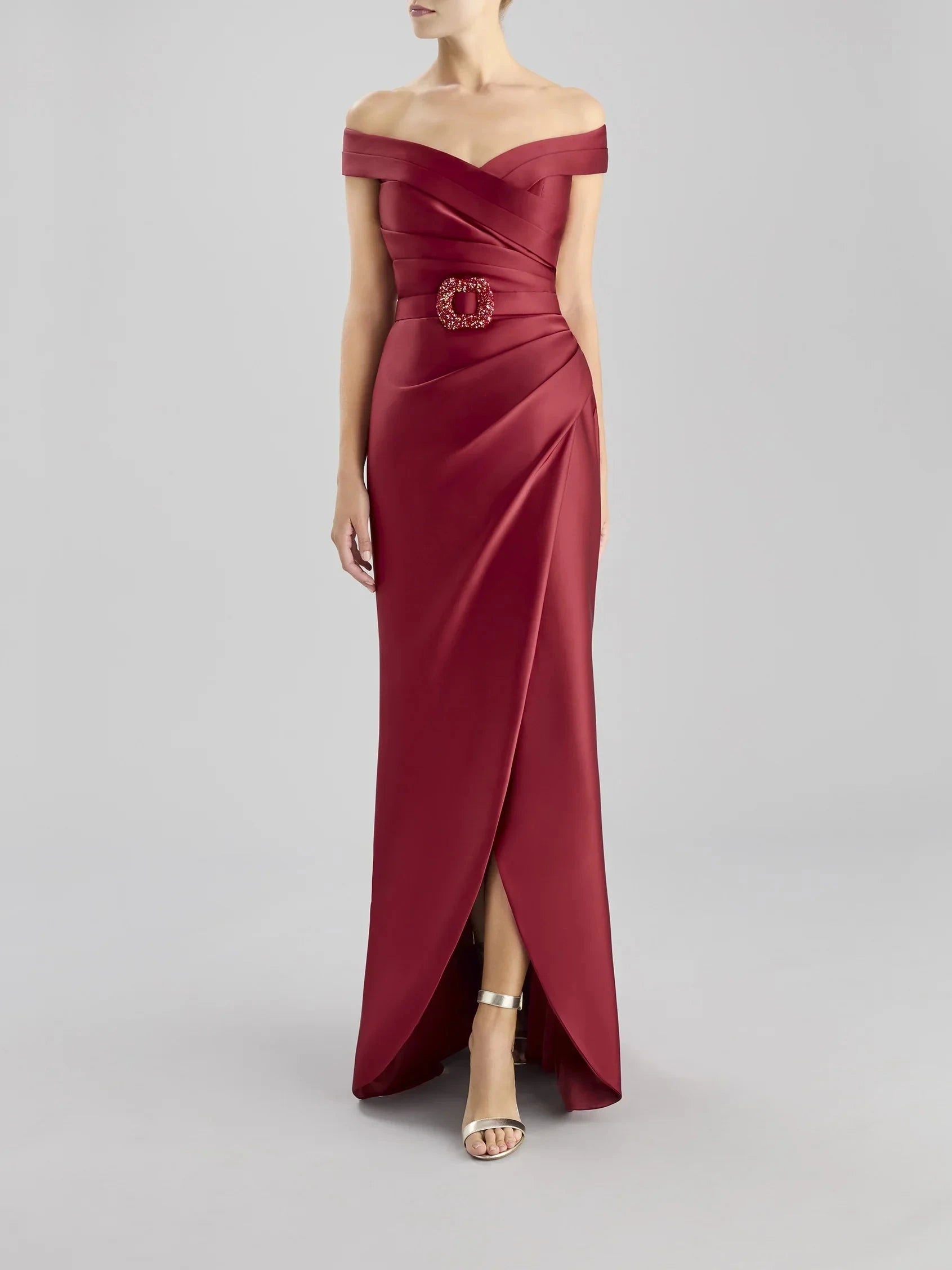 Red One-Shoulder Puff Sleeve Maxi Dress with Side Slit Mermaid party dress Bridesmaid Dresses by YiHuiw