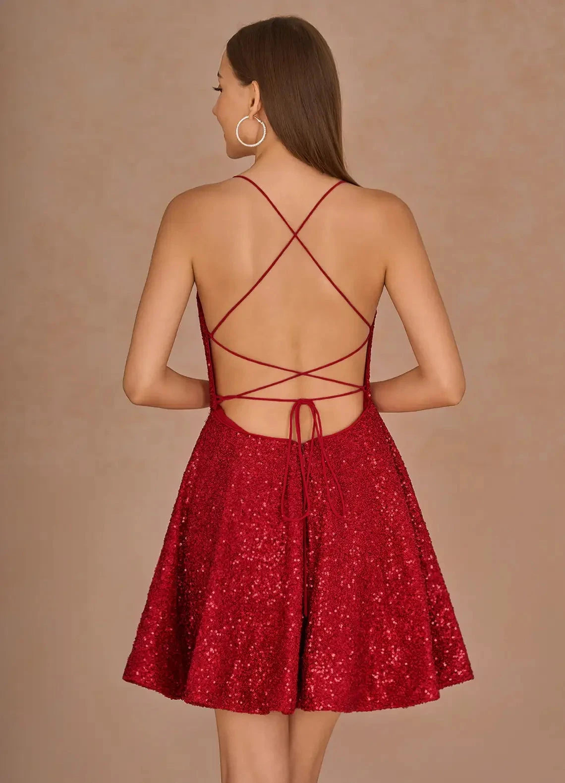Red Sequin Mini Dress with Criss - Cross Back Sequorae Red Mini Dress Homecoming Dresses by YiHuiw