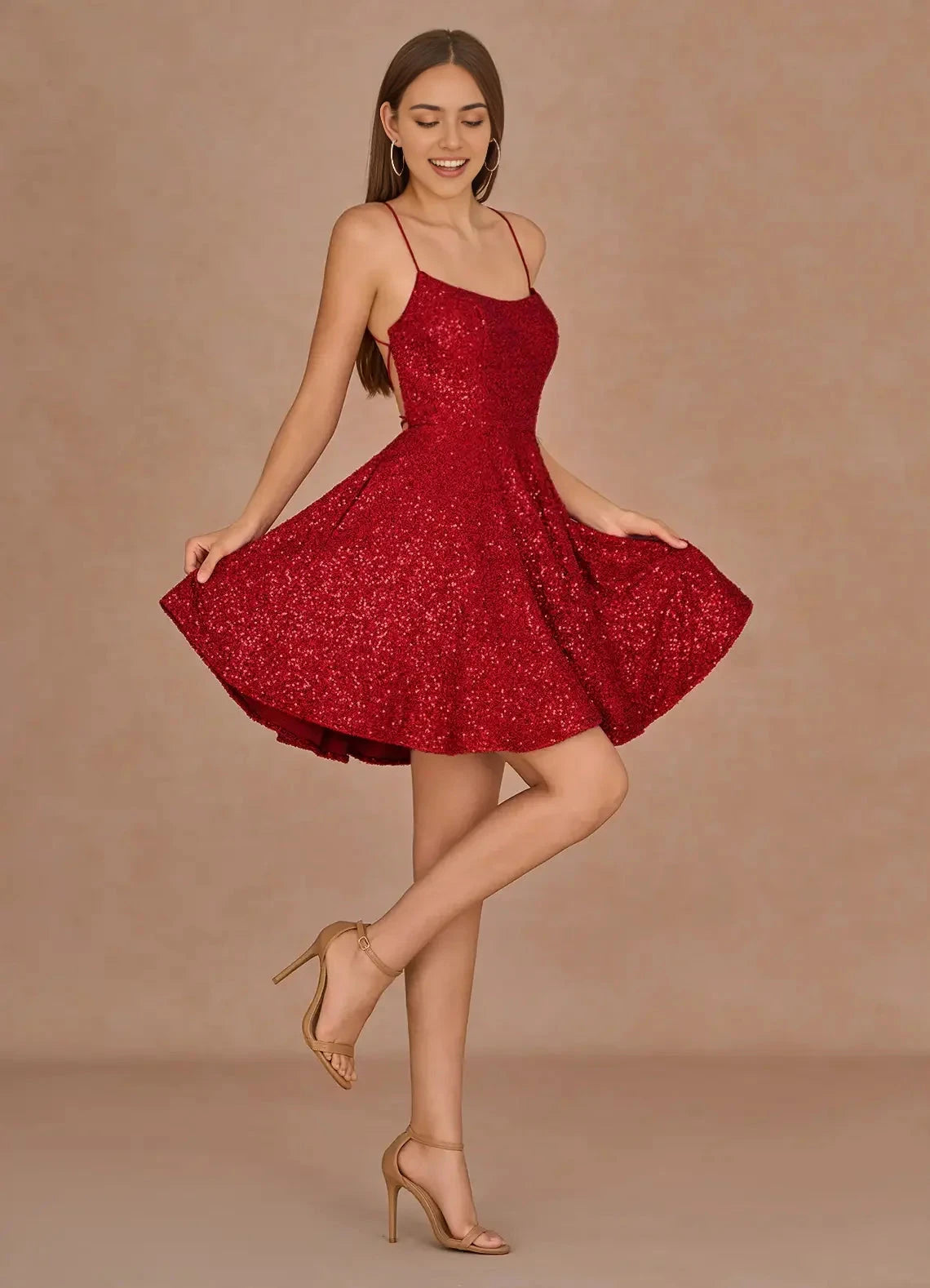 Red Sequin Mini Dress with Criss - Cross Back Sequorae Red Mini Dress Homecoming Dresses by YiHuiw