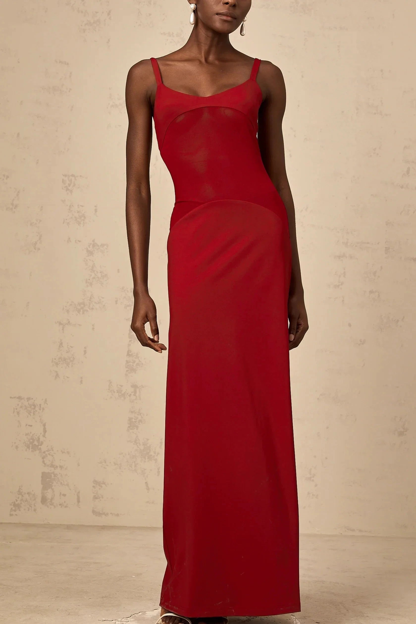 Red Sleeveless Maxi Dress with Sheer Bodice Detail red semi-sheer tulle-panel maxi dress Evening Dress by YiHuiw