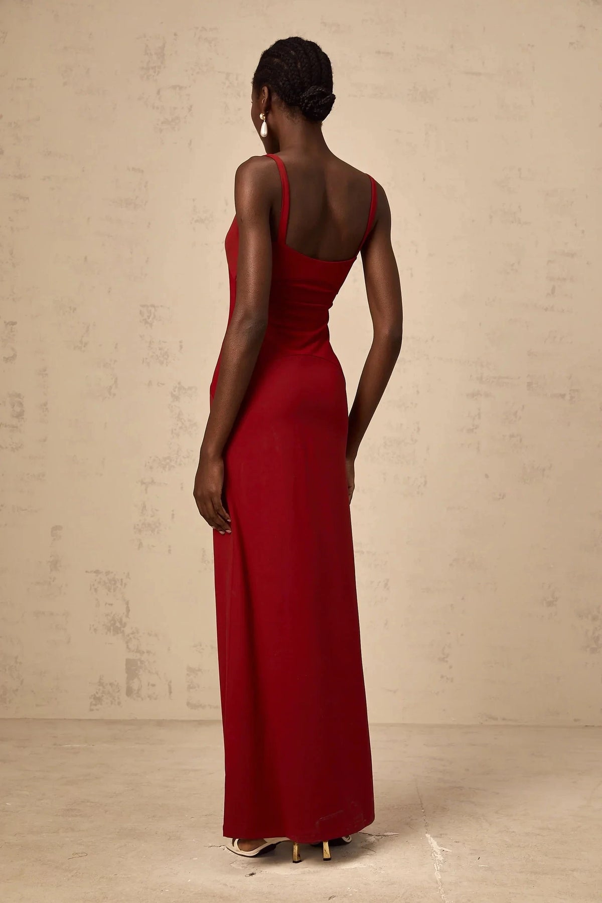 Red Sleeveless Maxi Dress with Sheer Bodice Detail red semi-sheer tulle-panel maxi dress Evening Dress by YiHuiw