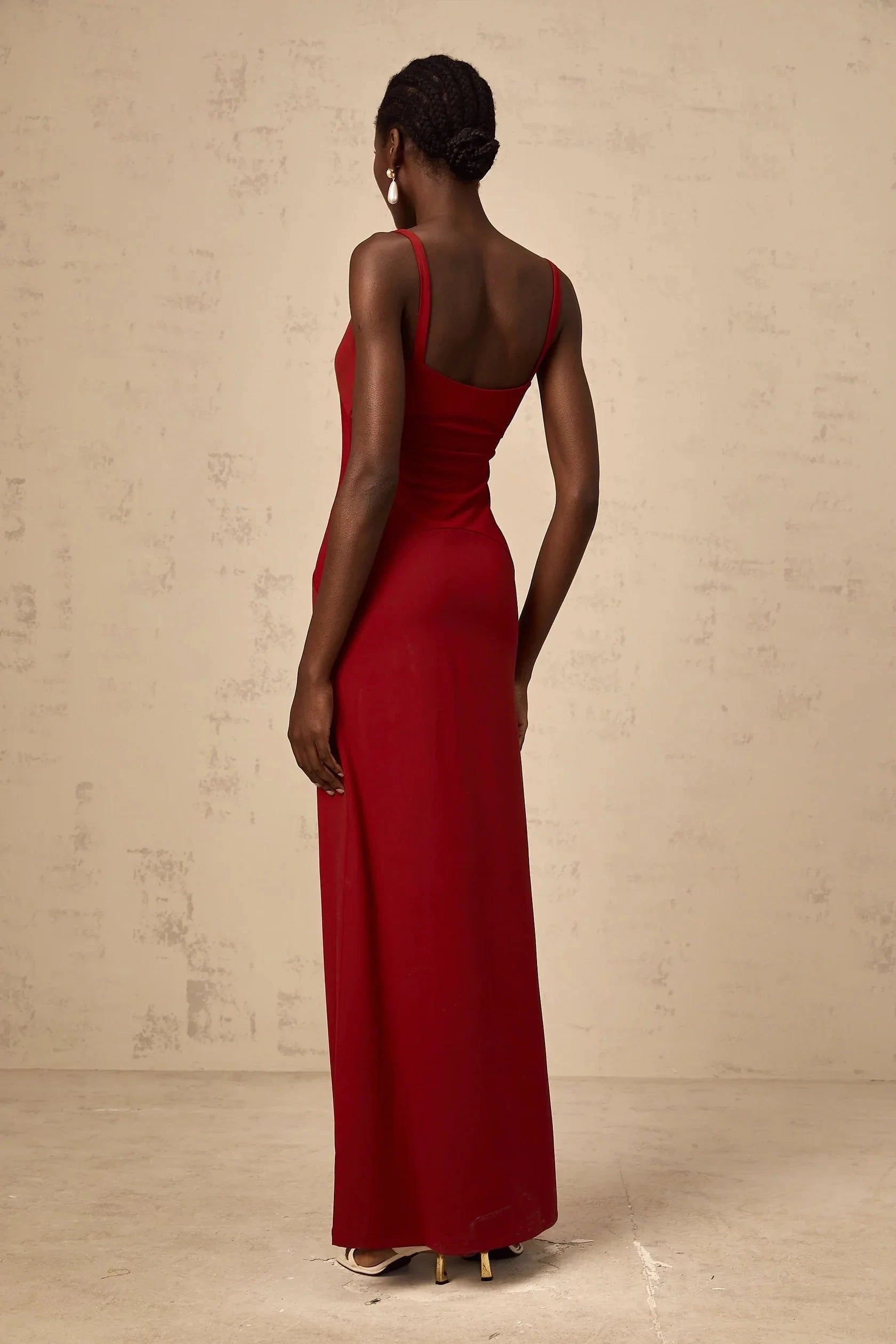 Red Sleeveless Maxi Dress with Sheer Bodice Detail red semi-sheer tulle-panel maxi dress Evening Dress by YiHuiw