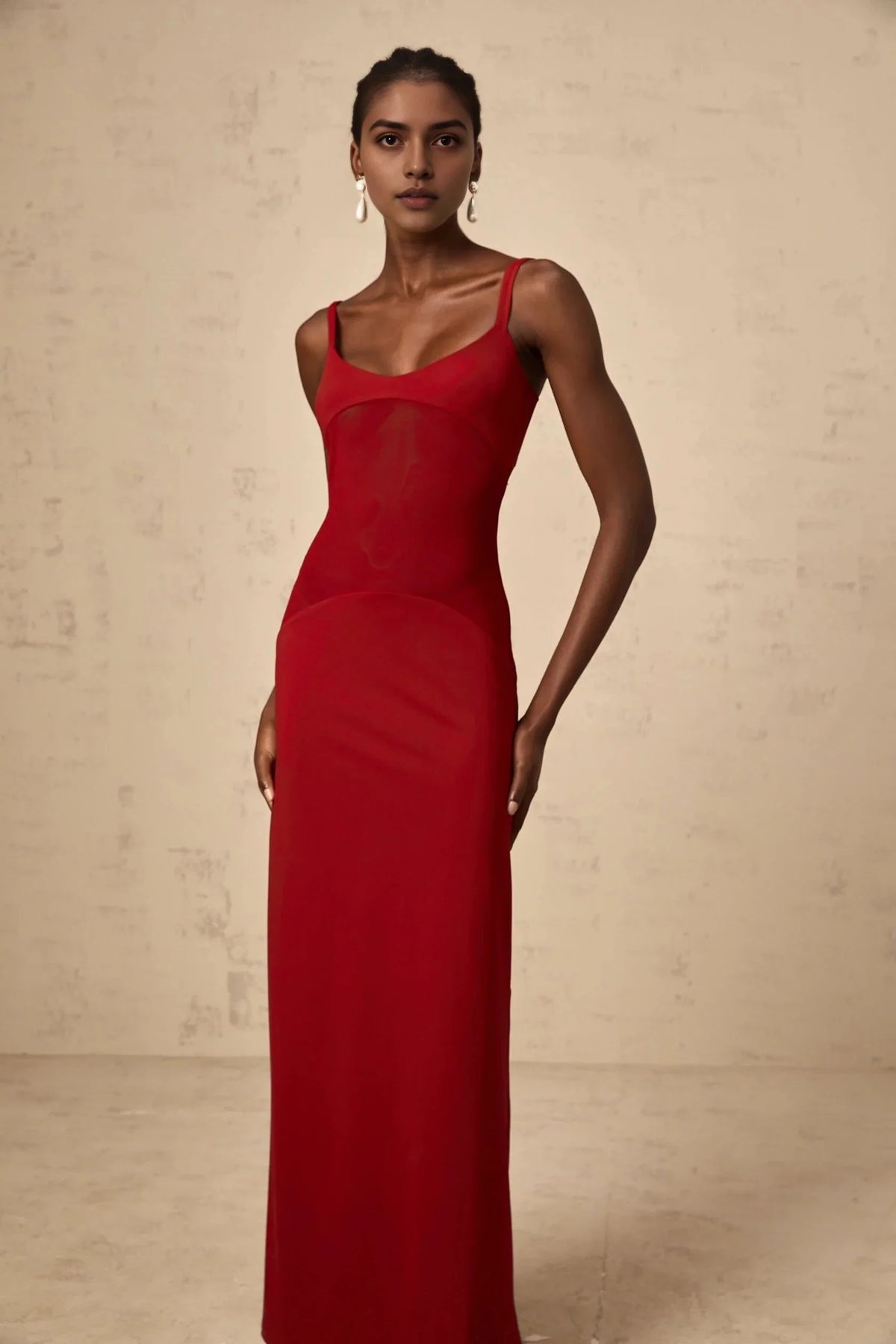 Red Sleeveless Maxi Dress with Sheer Bodice Detail red semi-sheer tulle-panel maxi dress Evening Dress by YiHuiw