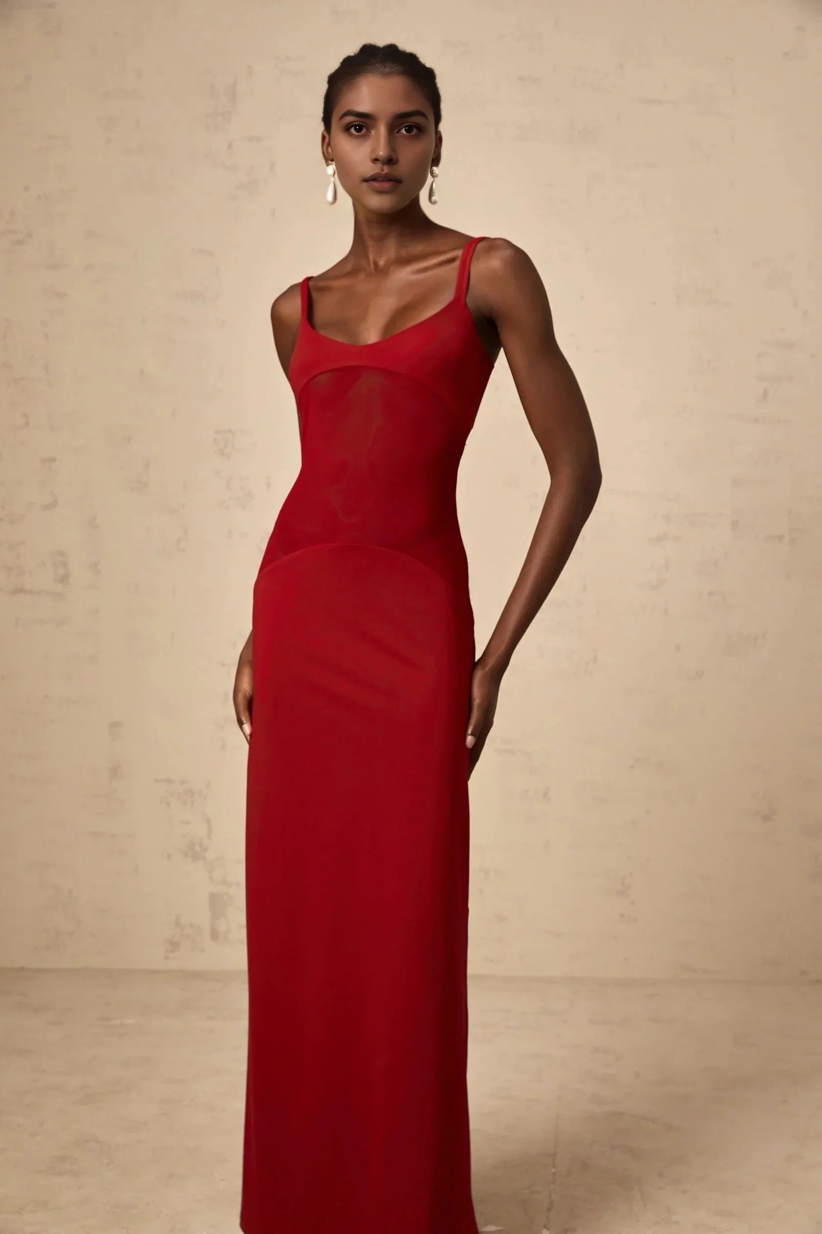 Red Sleeveless Maxi Dress with Sheer Bodice Detail red semi-sheer tulle-panel maxi dress Evening Dress by YiHuiw