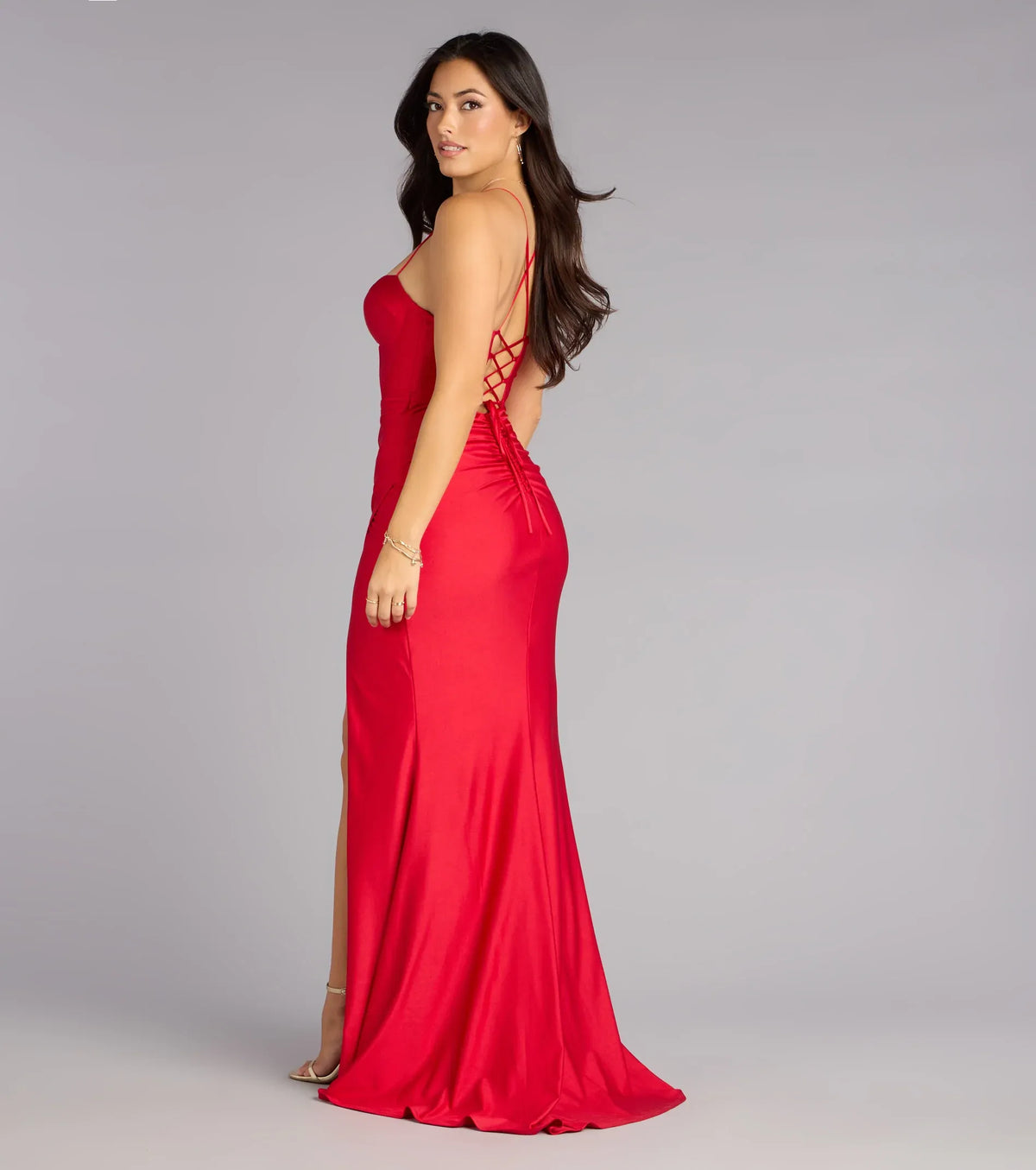 Red Mermaid Spaghetti Strap Satin Lace-Up Back High Slit Floor-Length Wedding Dress - Yihuiw by Yihuiw