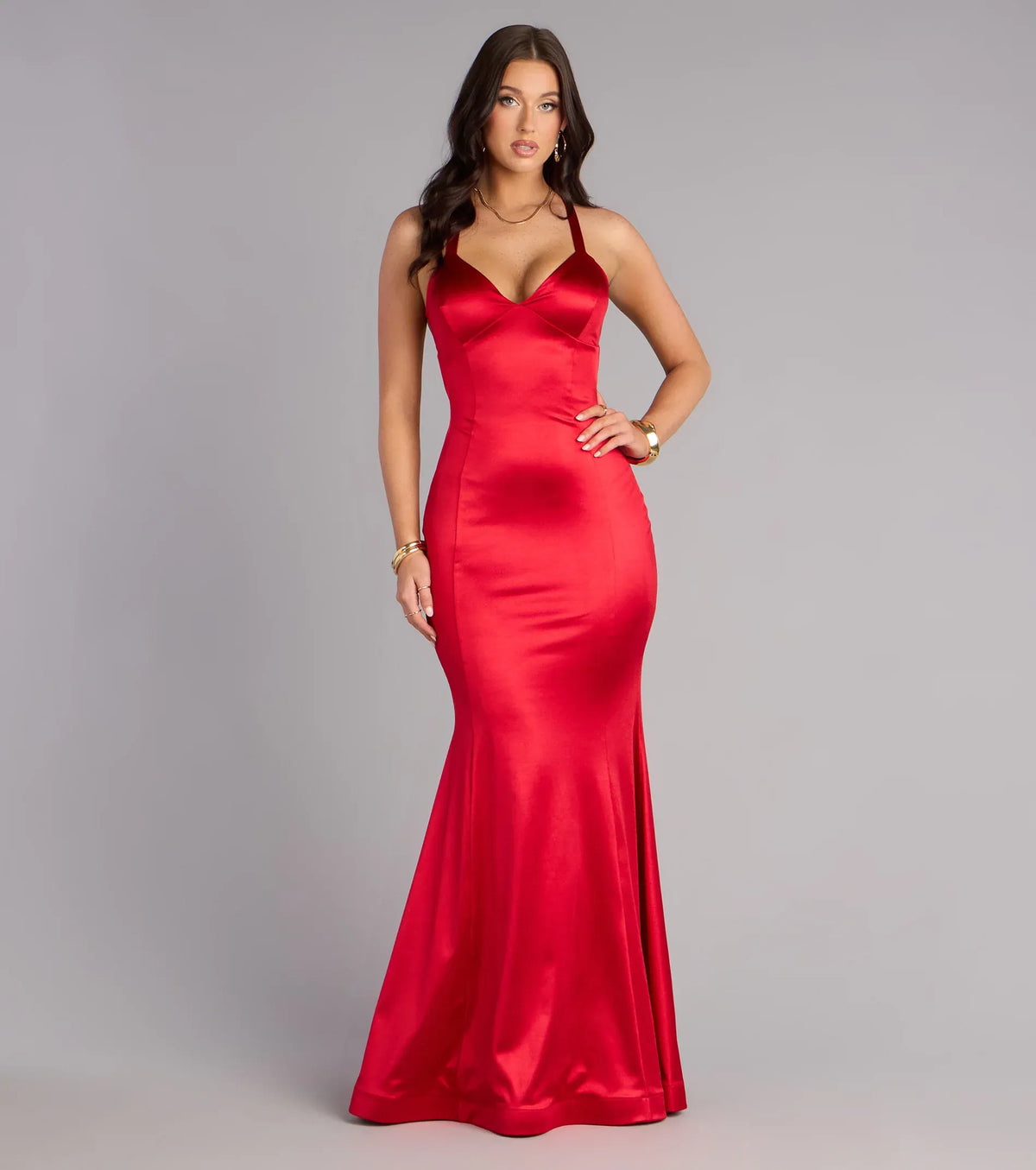 Red Mermaid V-Neck Satin Floor-Length Wedding Dress - Yihuiw by Yihuiw