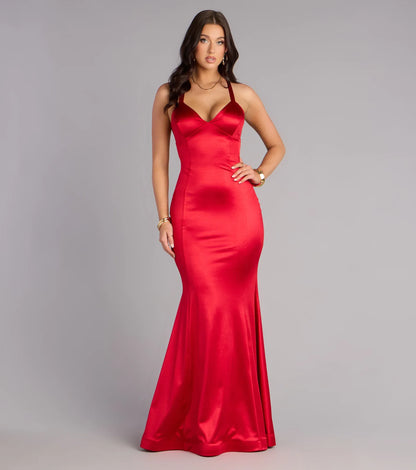 Red Mermaid V-Neck Satin Floor-Length Wedding Dress - Yihuiw by Yihuiw