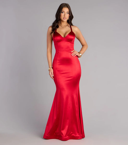 Red Mermaid V-Neck Satin Floor-Length Wedding Dress - Yihuiw by Yihuiw