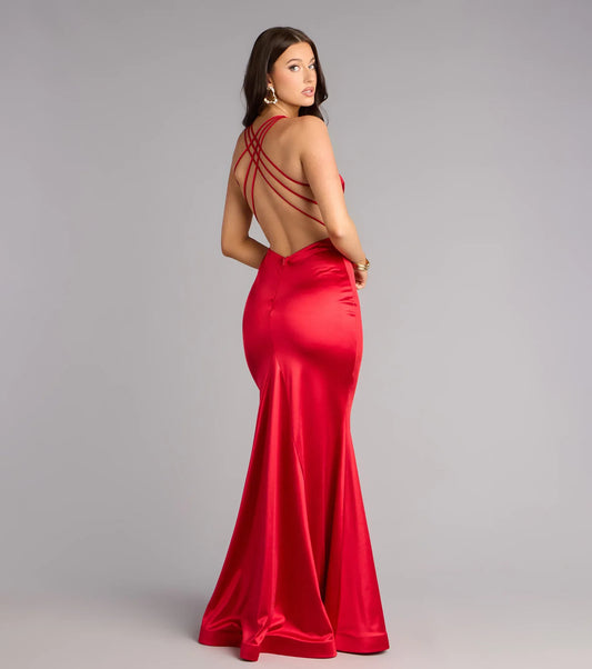 Red Mermaid V-Neck Satin Floor-Length Wedding Dress - Yihuiw by Yihuiw