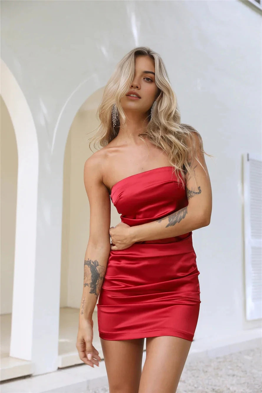 Red Strapless Satin Ruched Mini Dress Lightweight, non-stretchy satin fabric. Short Prom Dress by YiHuiw
