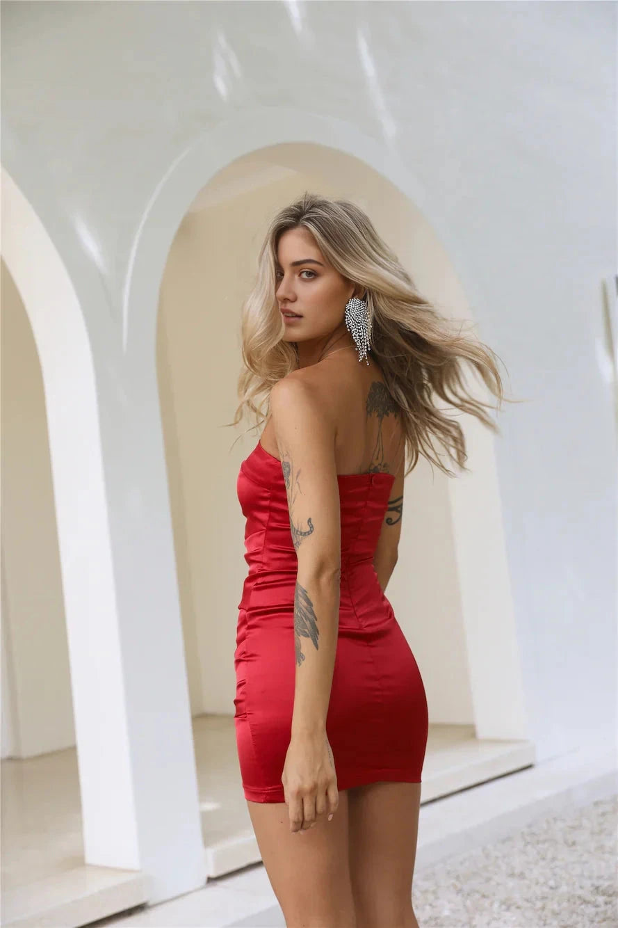 Red Strapless Satin Ruched Mini Dress Lightweight, non-stretchy satin fabric. Short Prom Dress by YiHuiw