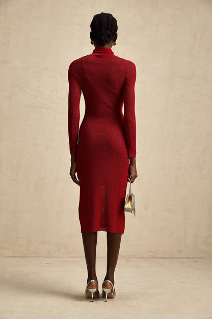 Red Turtleneck Knit Midi Dress Arianee red metallic pointelle midi dress Evening Dress by YiHuiw