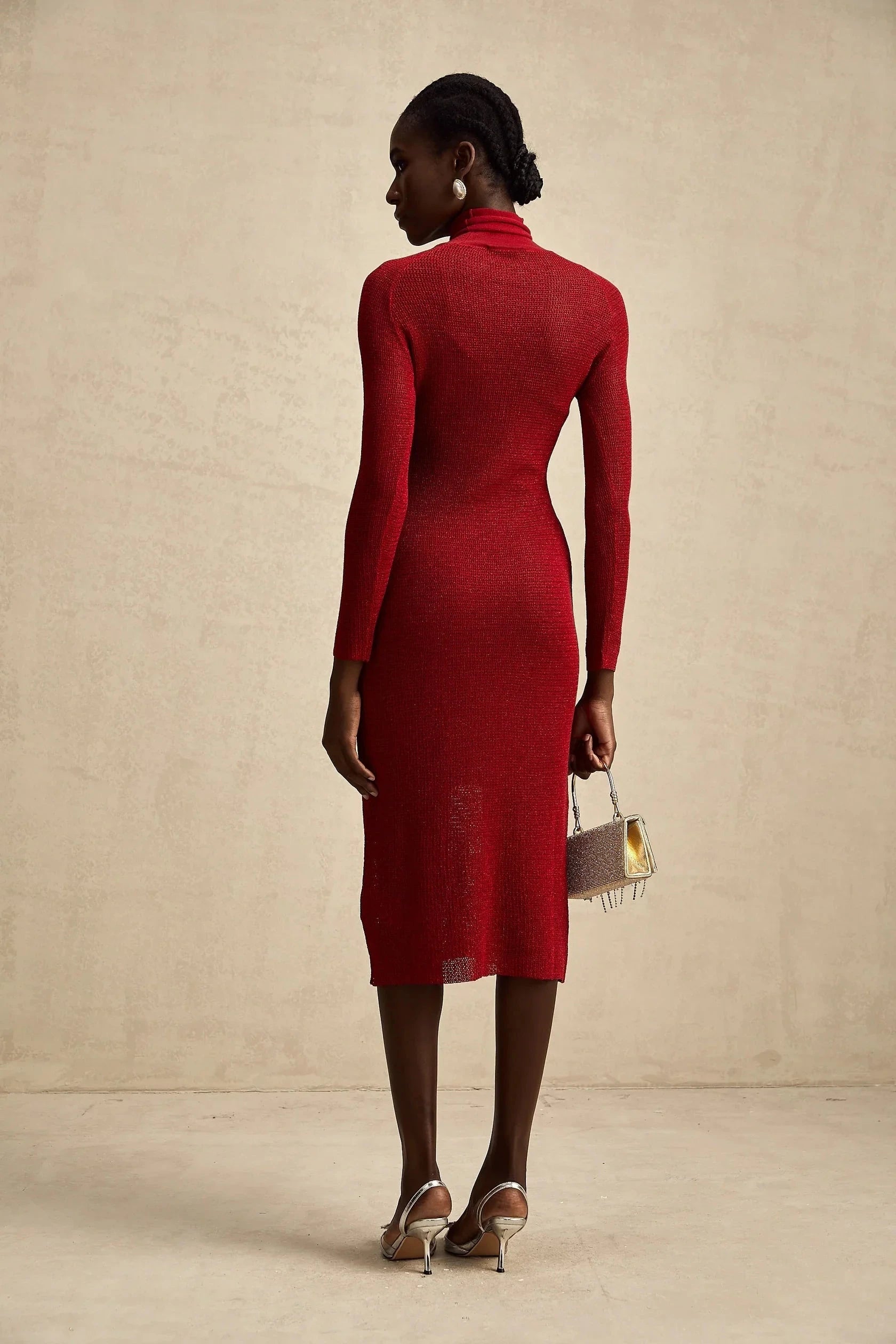 Red Turtleneck Knit Midi Dress Arianee red metallic pointelle midi dress Evening Dress by YiHuiw