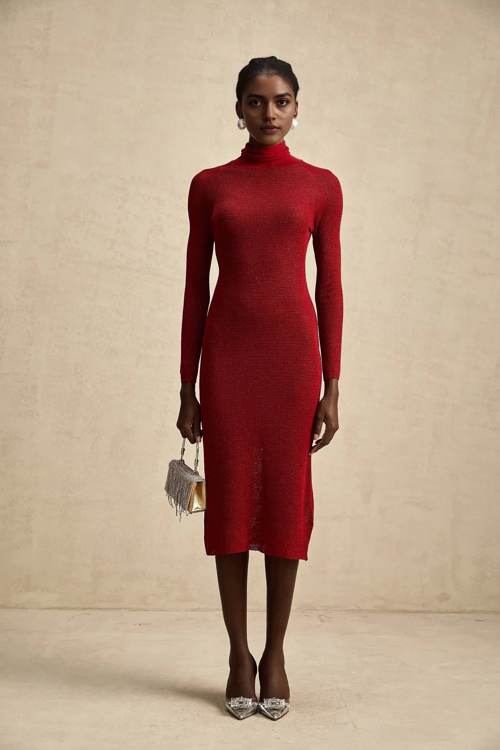 Red Turtleneck Knit Midi Dress Arianee red metallic pointelle midi dress Evening Dress by YiHuiw