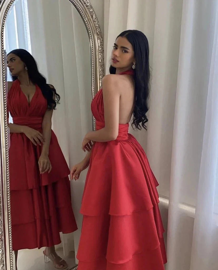 Red A-line Prom Dresses Open Back Satin Evening Party Dress simple gentle atmospheric and unique desi Bring summer colors to enhance whiteness by YiHuiw