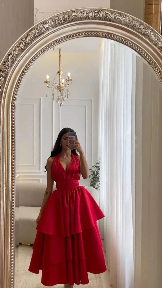 Red A-line Prom Dresses Open Back Satin Evening Party Dress simple gentle atmospheric and unique desi Bring summer colors to enhance whiteness by YiHuiw