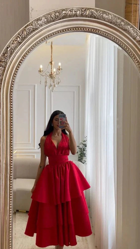 Red A-line Prom Dresses Open Back Satin Evening Party Dress simple gentle atmospheric and unique desi Bring summer colors to enhance whiteness by YiHuiw