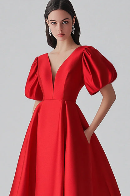 Vestido de noche midi rojo de corte en A, con escote en V, mangas abullonadas y espalda cerrada