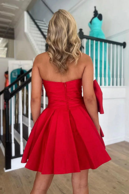 Red Strapless Homecoming Dress with Detachable Bow Sleeve – Elegant Fit and Flare Cocktail Mini Dress