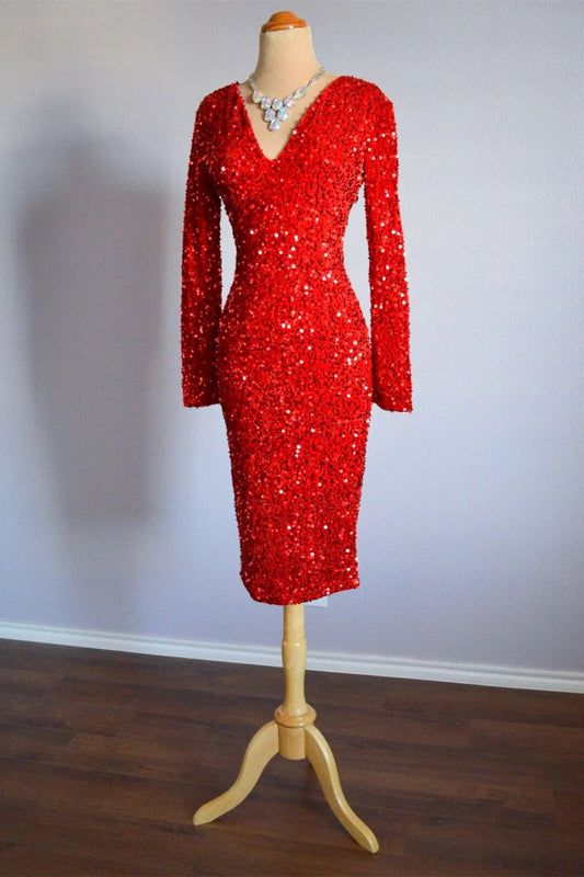 Red Sequin Cocktail Dress with Long Sleeves and V-Neckline