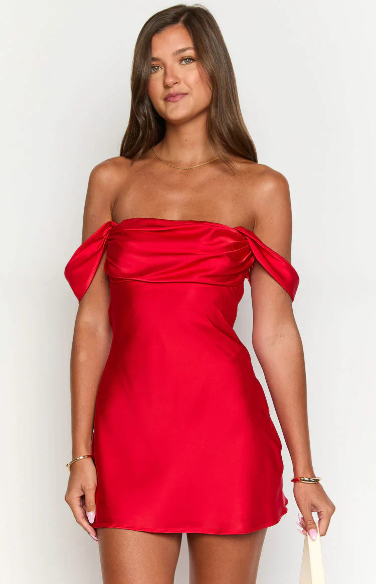 Off-the-Shoulder Ruched Bust Satin A-Line Mini Homecoming Dress