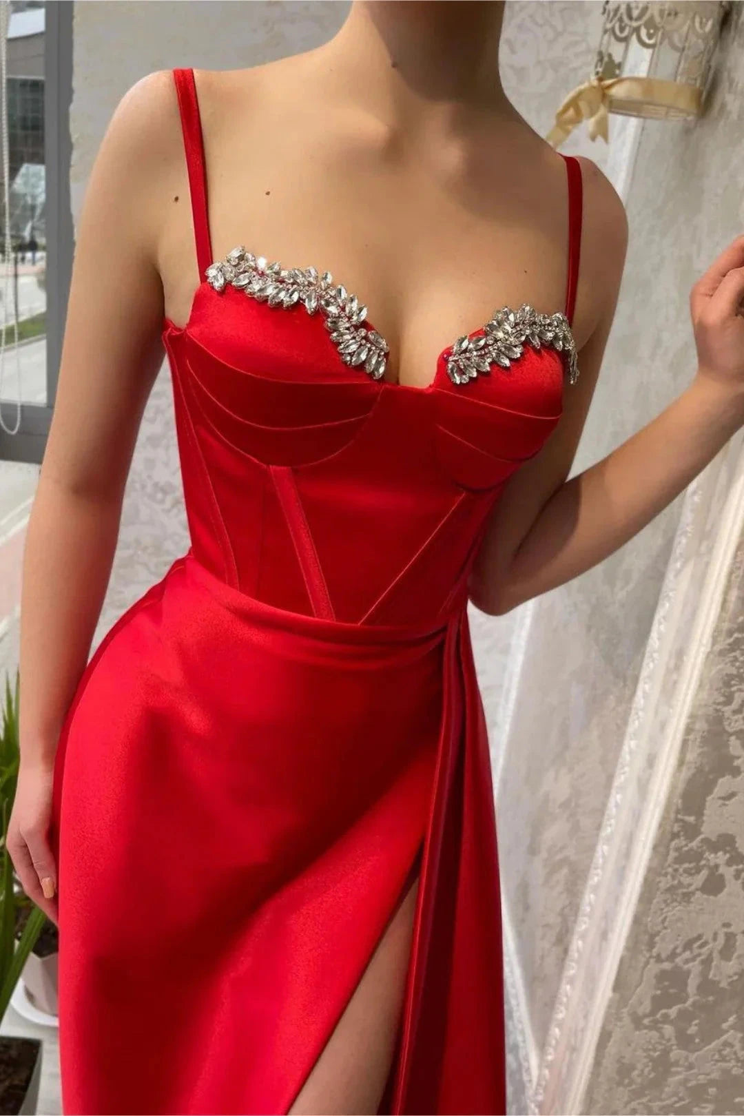 Red Prom Dress Spaghetti Strap Gown With Beading High Slit simple gentle atmospheric and unique desi Bring summer colors to enhance whiteness by YiHuiw