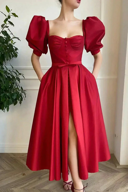 Red Satin Short Prom Dress Cute Short Sleeve Party Dress with Slit simple gentle atmospheric and unique desi Bring summer colors to enhance white by YiHuiw