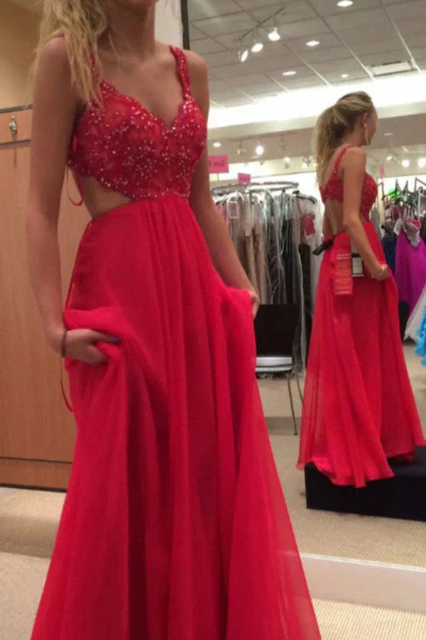 Red Spaghetti Strap Chiffon Backless Prom Dresses,A Line Long Formal Gowns simple gentle atmospheric and unique desi Bring summer colors to enhance whiteness by YiHuiw