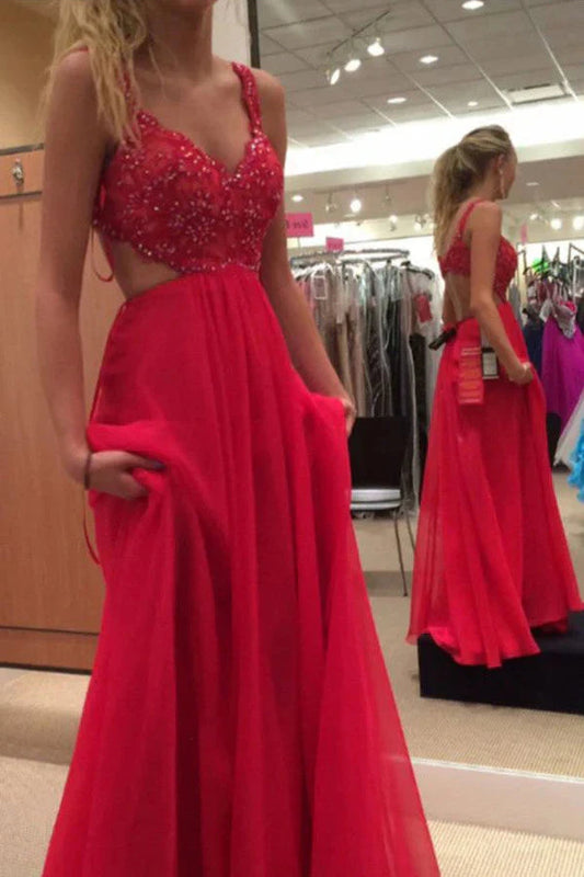 Red Spaghetti Strap Chiffon Backless Prom Dresses,A Line Long Formal Gowns simple gentle atmospheric and unique desi Bring summer colors to enhance whiteness by YiHuiw