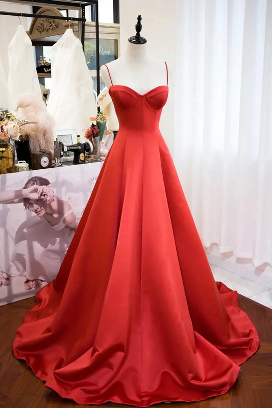 Red Spaghetti Strap Satin Long Prom Dress Simple A-Line Evening Party Dress simple gentle atmospheric and unique desi Bring summer colors to enhance white by YiHuiw
