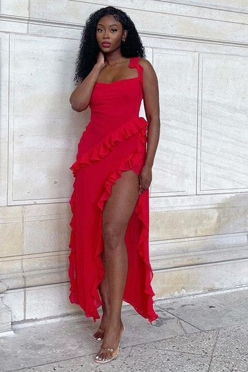 Red Square Sleeveless Ruffled Long Party Prom Dress by lanqidress