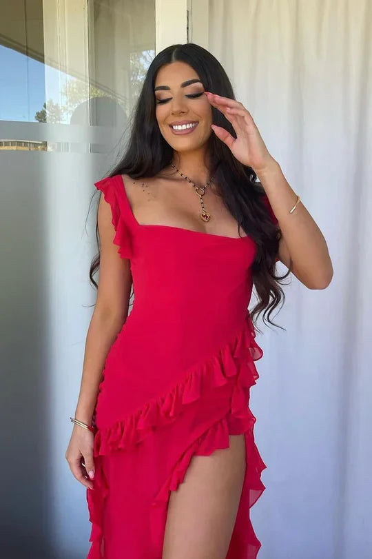 Red Square Sleeveless Ruffled Long Party Prom Dress by lanqidress