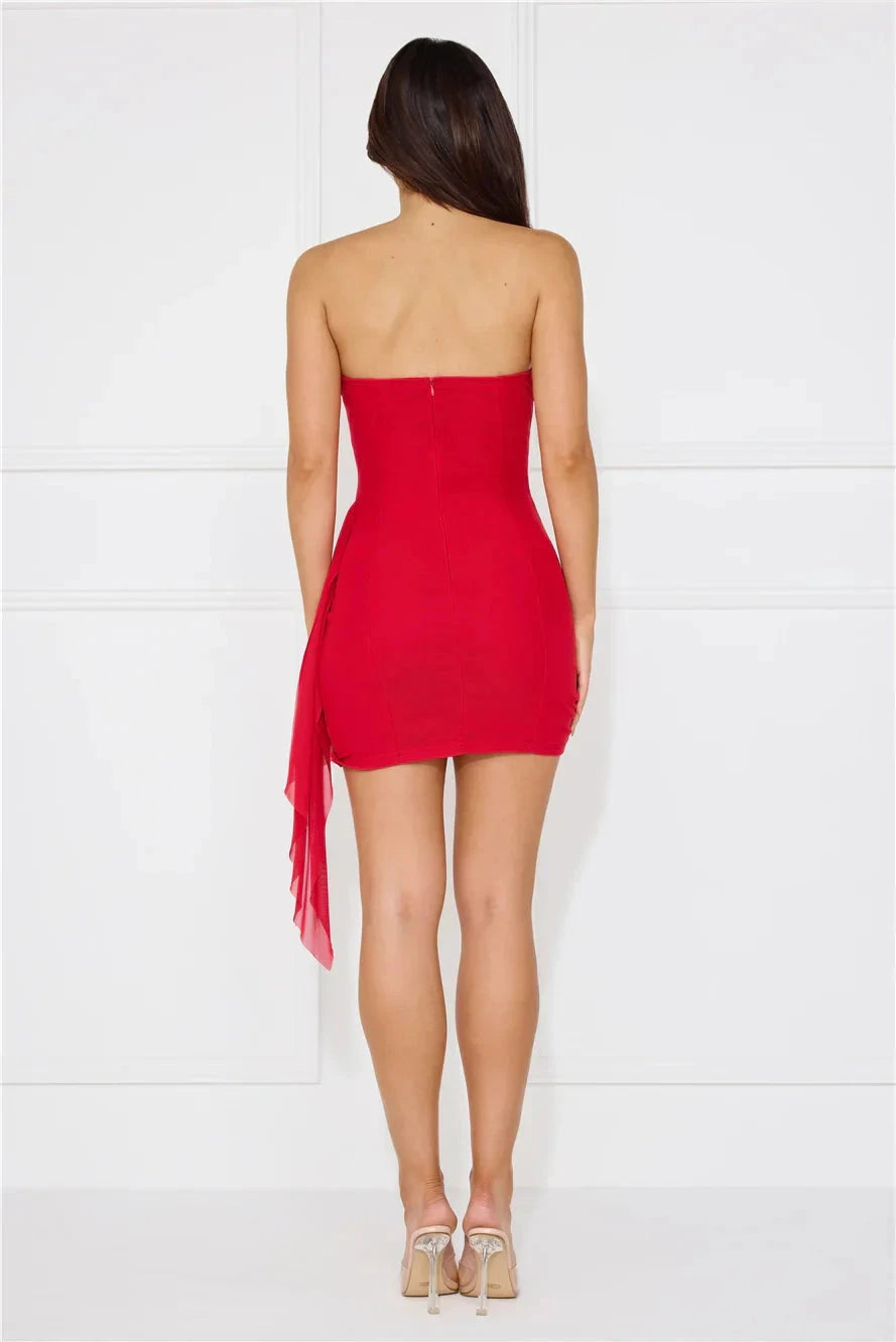 Red Strapless Mini Dress with Lace and Chiffon Details Lace to the neckline and hem Short Prom Dress by YiHuiw
