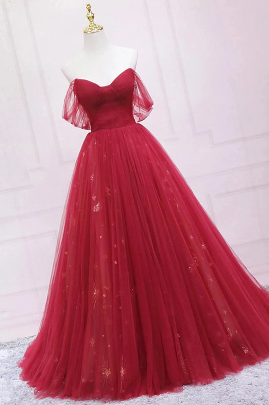 Red Tulle Long A-Line Prom Dress Off the Shoulder Formal Evening Dress simple gentle atmospheric and unique desi Bring summer colors to enhance whitenes by YiHuiw