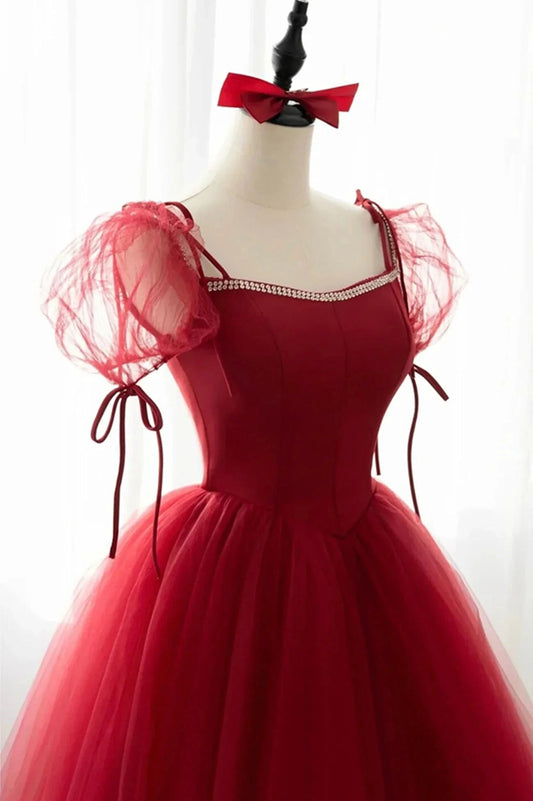 Red Tulle Short Sleeve Prom Dress A-Line Floor Length Evening Graduation Dress simple gentle atmospheric and unique desi Bring summer colors to enhance whitenes by YiHuiw