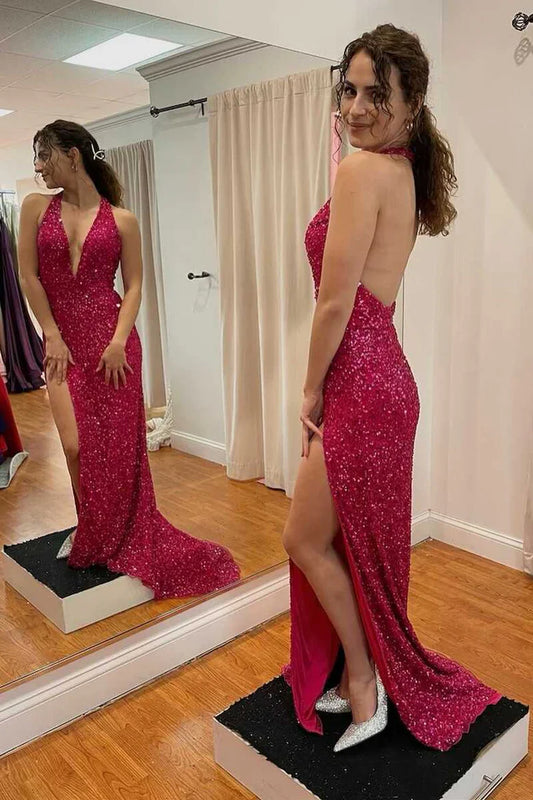Hot Pink Sequin Mermaid Prom Dress with Plunging V-Neck and High Slit