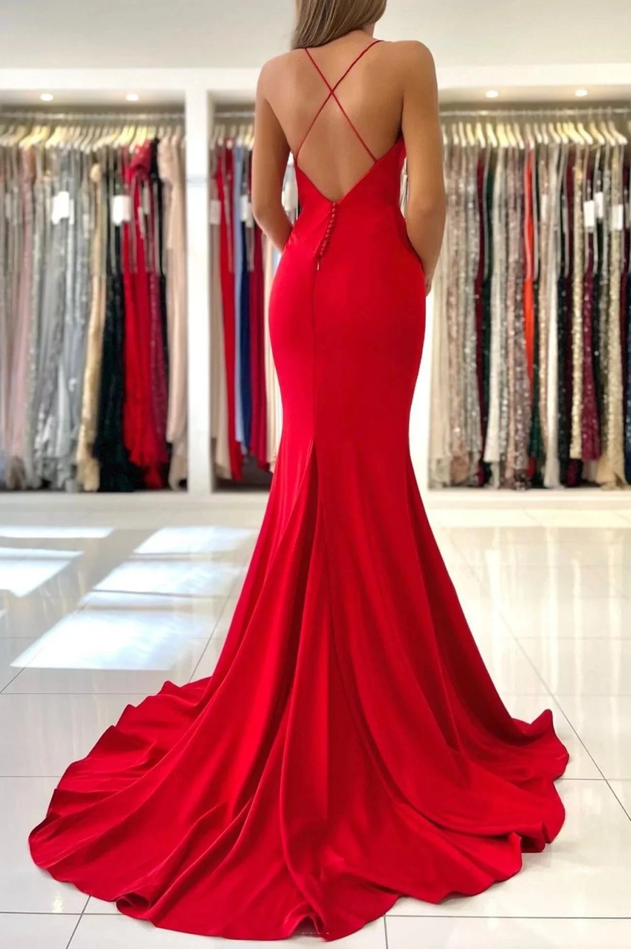 Red V-Neck Long Prom Dress Mermaid Backless Evening Party Dress simple gentle atmospheric and unique desi Bring summer colors to enhance whitenes by YiHuiw