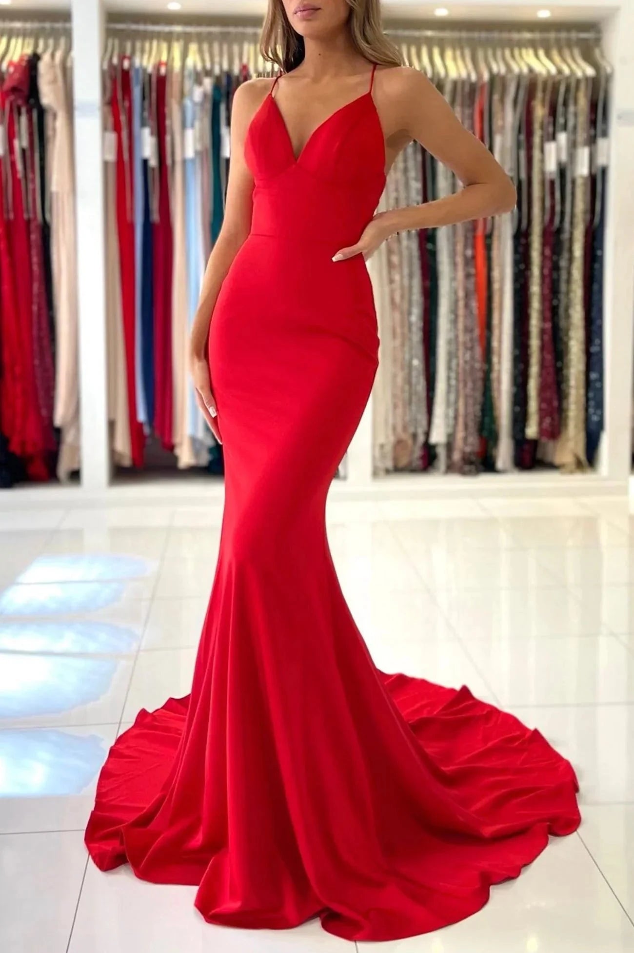 Red V-Neck Long Prom Dress Mermaid Backless Evening Party Dress simple gentle atmospheric and unique desi Bring summer colors to enhance whitenes by YiHuiw