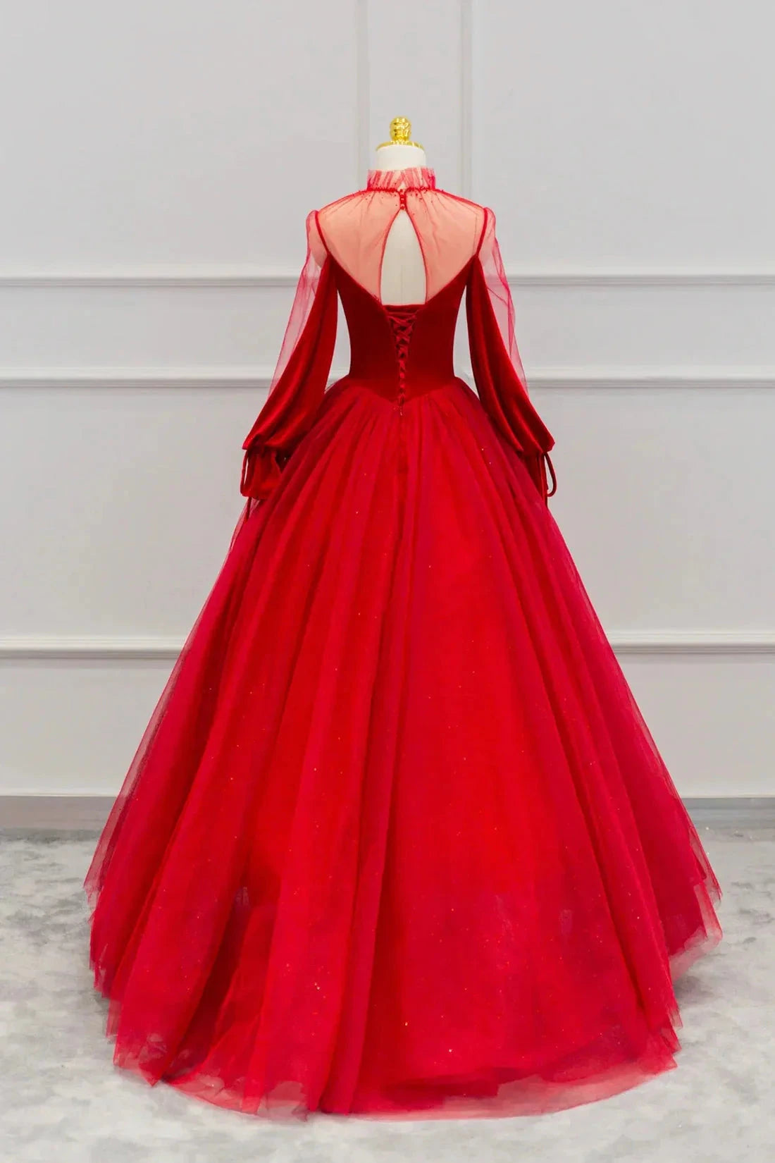 Red Velvet and Tulle Floor Length Prom Dress Long Sleeve Beautiful A-Line Party Dress simple gentle atmospheric and unique desi Bring summer colors to enhance white by YiHuiw