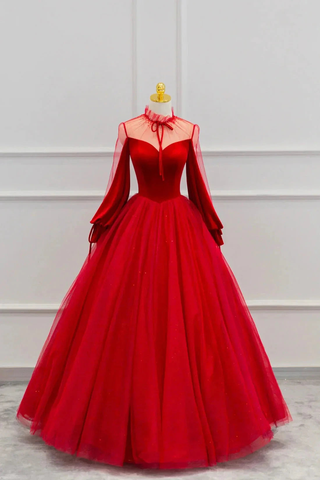 Red Velvet and Tulle Floor Length Prom Dress Long Sleeve Beautiful A-Line Party Dress simple gentle atmospheric and unique desi Bring summer colors to enhance white by YiHuiw