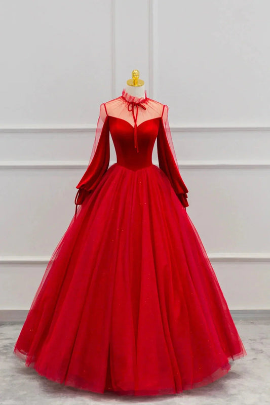 Red Velvet and Tulle Floor Length Prom Dress Long Sleeve Beautiful A-Line Party Dress simple gentle atmospheric and unique desi Bring summer colors to enhance white by YiHuiw