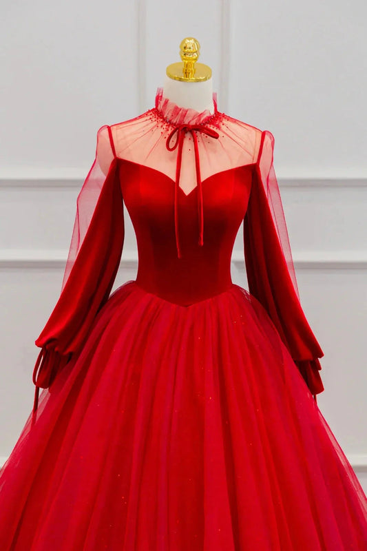 Red Velvet and Tulle Floor Length Prom Dress Long Sleeve Beautiful A-Line Party Dress simple gentle atmospheric and unique desi Bring summer colors to enhance white by YiHuiw