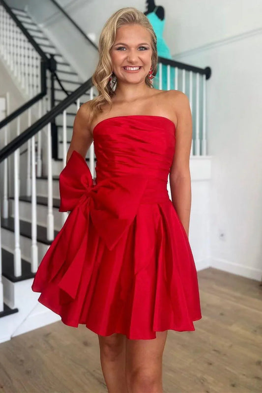 Red Strapless Homecoming Dress with Detachable Bow Sleeve – Elegant Fit and Flare Cocktail Mini Dress