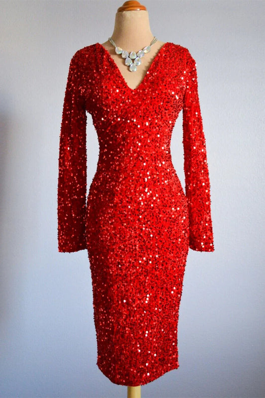 Red Sequin Cocktail Dress with Long Sleeves and V-Neckline
